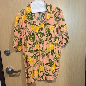 Old Navy Pink and Yellow Tropical Print Casual Button Down Shirt